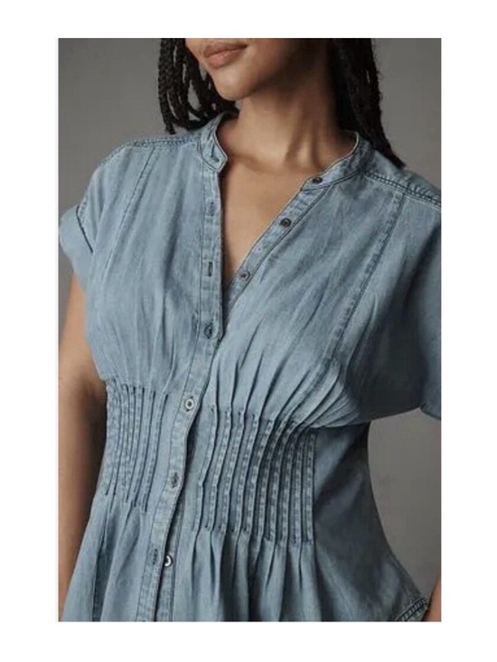 Anthropologie Tops - Anthropologie Pilcro Short Sleeve Pleated Denim Corset Blouse size XL.
